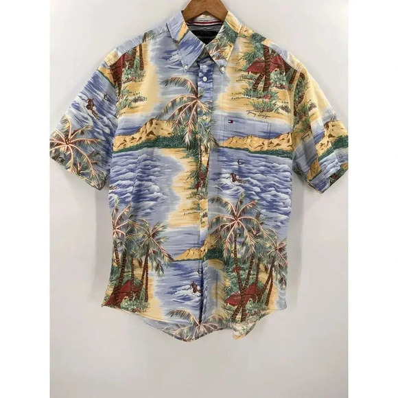 VINTAGE Tommy Hilfiger Men’s Palm Tree Hawaiian Button Front Short Sleeves LARGE - Picture 2 of 12